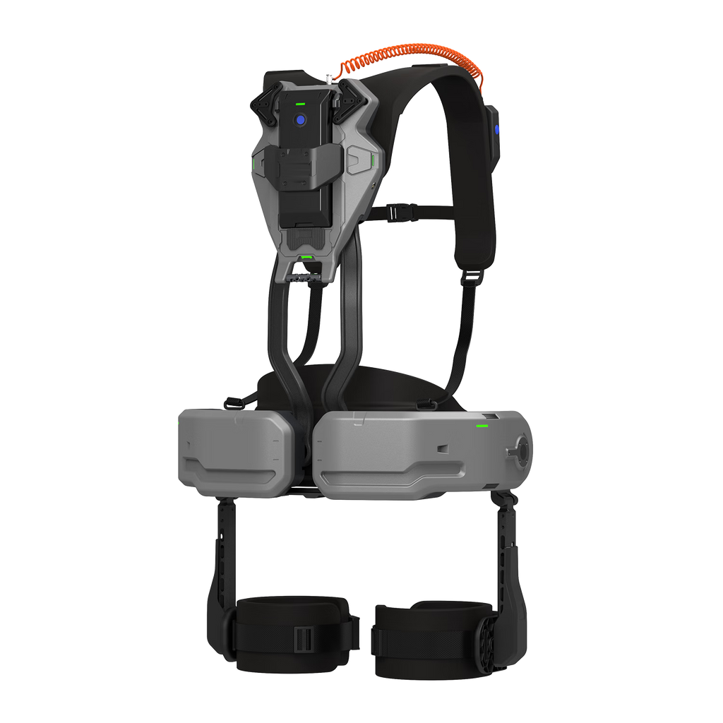 Exosquelette Exomila Élan : vue trois quarts, modules de hanche et harnais