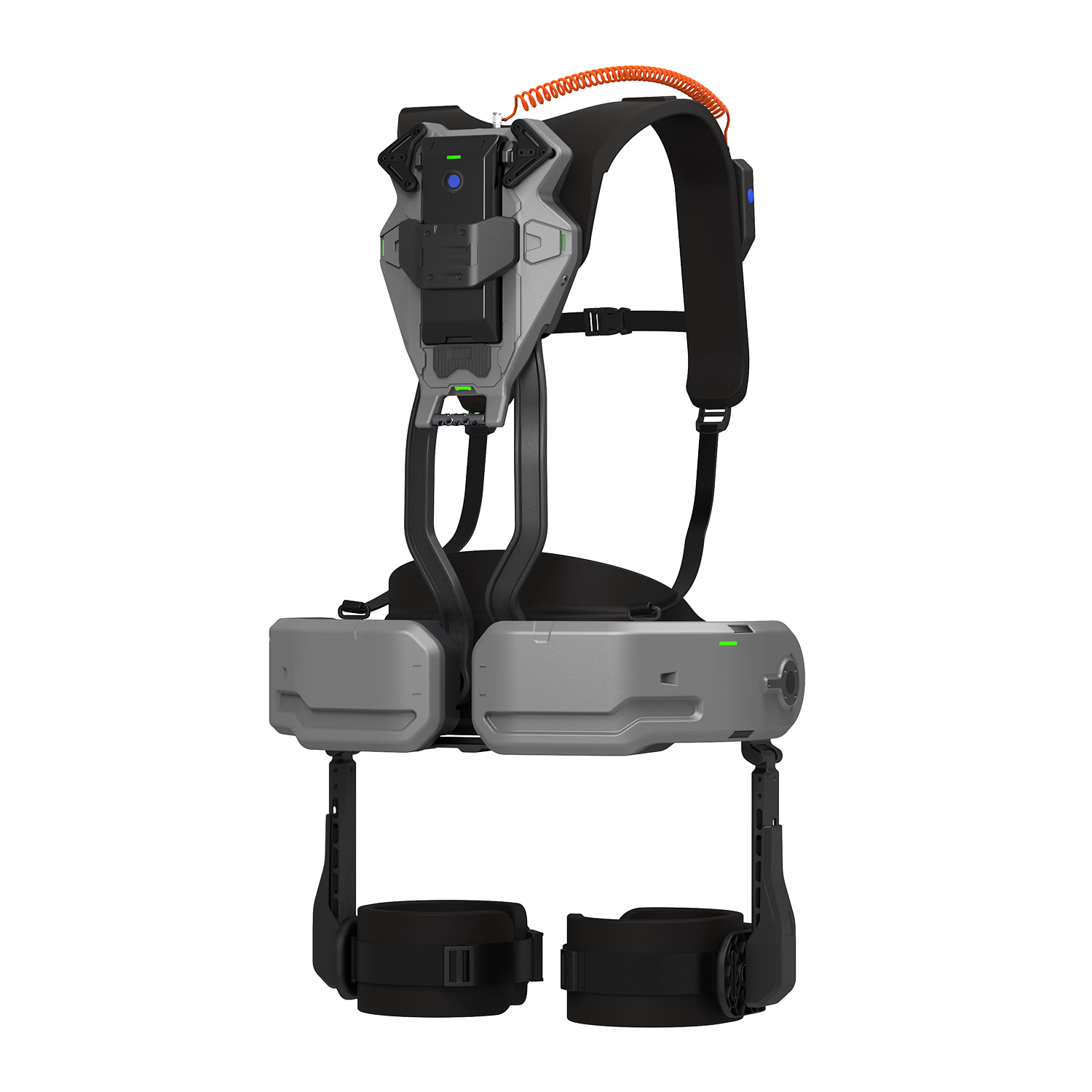 Exosquelette Exomila Élan : vue trois quarts, modules de hanche et harnais