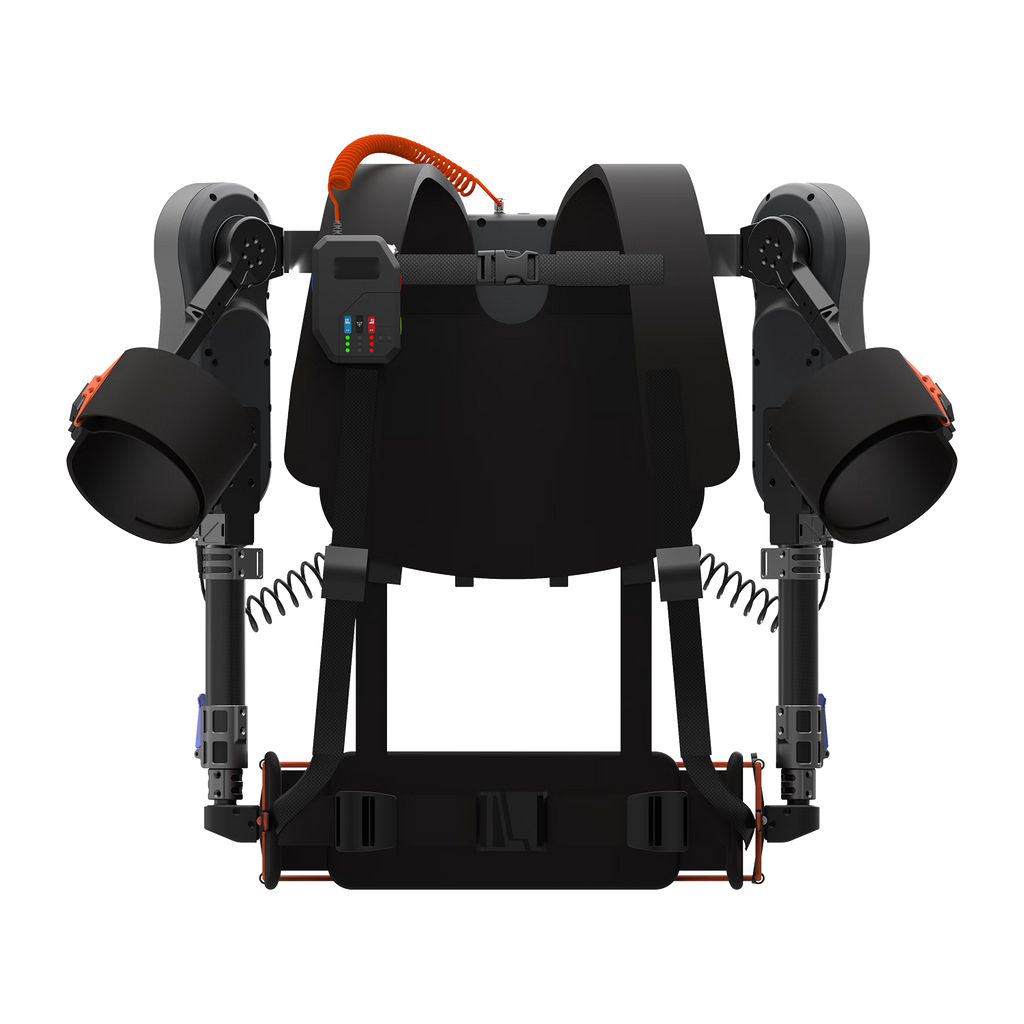 Exosquelette Exomila Élan : vue arrière, structure et boîtier de commande
